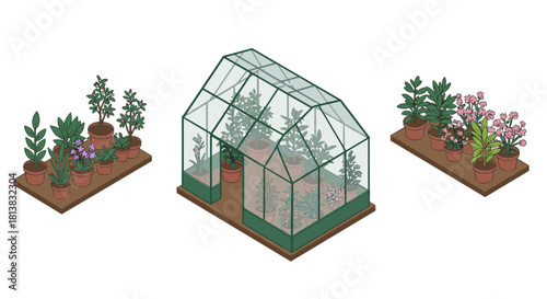 Isometric greenhouse with potted plants and flower beds in garden scene
