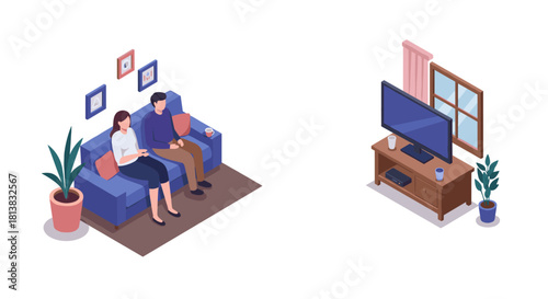 Isometric living room with couple relaxing on sofa watching television