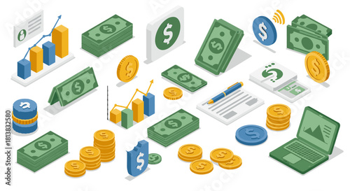 Isometric financial icons with charts, currency, and devices