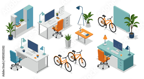 Modern isometric office workspace with bicycle and plants