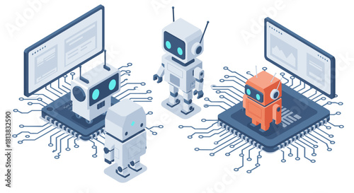 Futuristic isometric robots on microchips engaged in digital interaction