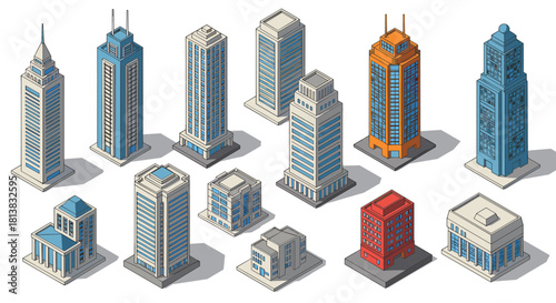 Isometric skyscrapers set with shadows for architectural design and urban planning