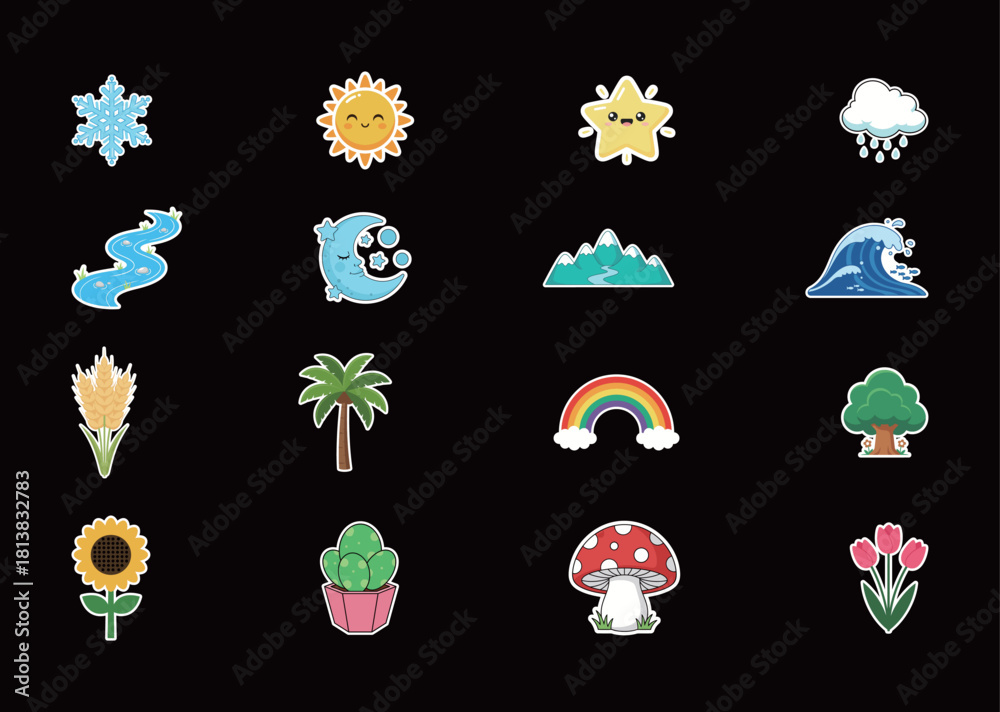 Naklejka premium An Expansive Set of Cute Cartoon Nature, Weather, and Plants Stickers, Icons, and Symbols Collection, including elements like the sun, rainbow, flowers, snowflakes, and mountains