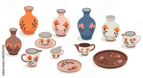 Vintage ceramic pottery collection with floral patterns in isometric style