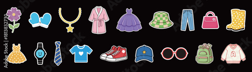 A Full Set of Cute Cartoon Fashion and Clothing Accessories Stickers, Icons, and Symbols Collection, showcasing various garments, hats, shoes, and jewelry in a playful, colorful, and outlined style