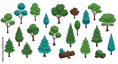 Various cartoon trees and nature elements in isometric style on white background
