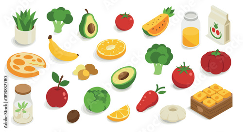 Colorful isometric fruit and vegetable set with avocado, tomato, and bananas