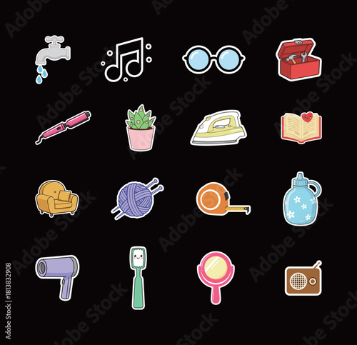 A Collection of Cute Cartoon Home and Personal Care Item Stickers, Icons, and Symbols, featuring essential household tools and grooming products like irons, mirrors, toolboxes, and toothbrushes