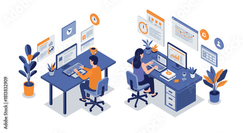 Isometric office workspace with people at desks analyzing data on computer screens