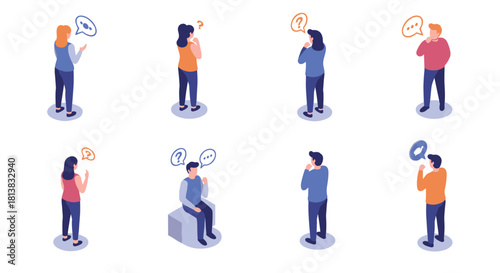 Isometric people engaged in thoughtful conversations with speech bubbles
