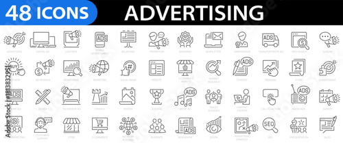 Advertising 48 line icon set. Marketing, ads, promotion, branding, campaign, ambassador, website, banner, announcement, billboard, poster and more. Editable stroke. Vector illustration
