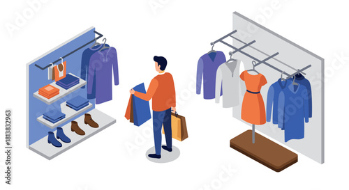 Shopping experience in clothing store isometric style with male customer and fashionable apparel displays