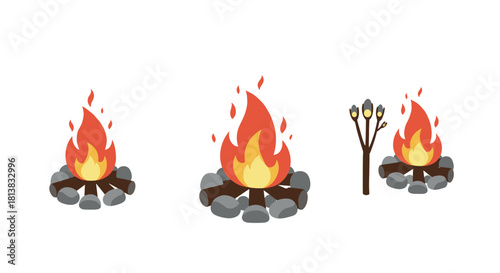 Flat campfire design with marshmallow and stone arrangement