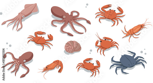 Cartoon sea creatures collection: octopuses, crabs, and shells in playful design
