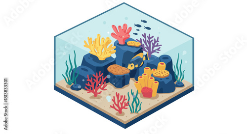 Colorful coral reef isometric aquarium with exotic fish and sea plants