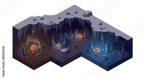 Isometric miners exploring dark underground cave with lanterns
