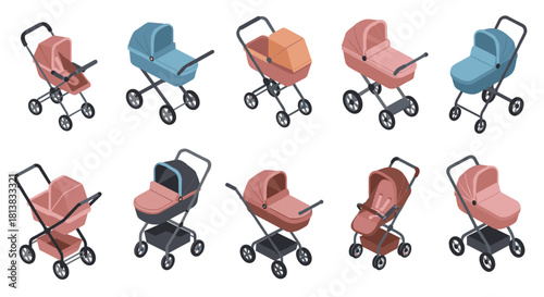 Collection of isometric baby strollers in various styles and colors