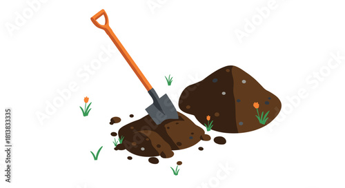 Gardening spade and soil pile with orange floral details on white background