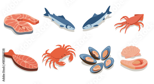 Isometric seafood collection: fish, shellfish, and crustaceans illustrations
