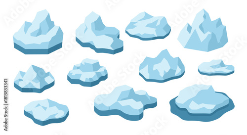 Collection of blue polygonal icebergs in various shapes and sizes