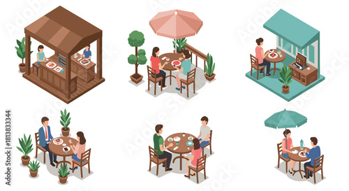 Isometric outdoor cafe scenes with diverse seating arrangements