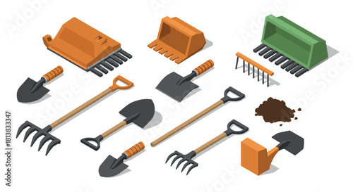 Isometric garden tools set with shovels, rakes, and attachments