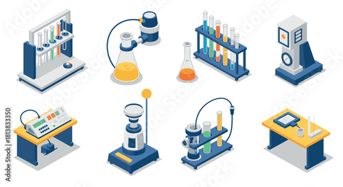 Isometric laboratory equipment set featuring test tubes and scientific instruments