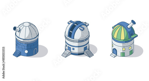 Collection of isometric observatory buildings with telescopes