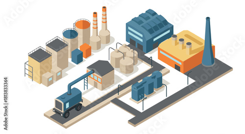 Industrial facility isometric scene with factory buildings and equipment