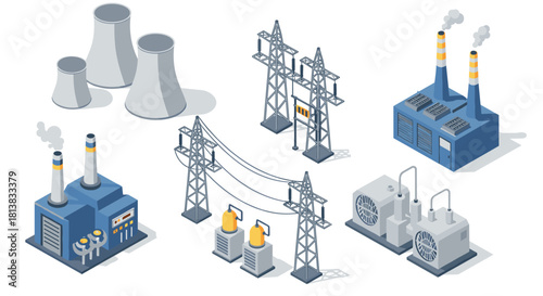 Isometric industrial infrastructure with power plants and cooling towers