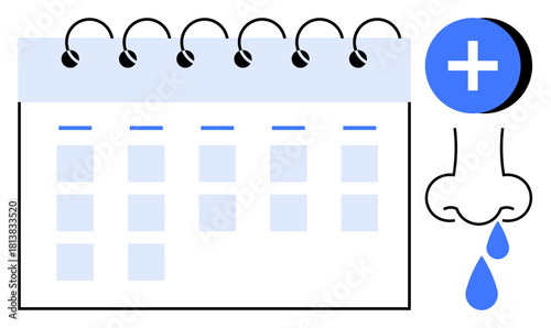 Medical scheduling. Calendar s organization for healthcare planning. Runny nose linked to illness and health reasons. Medical scheduling for clinics, patient care, treatments, reminders, wellness