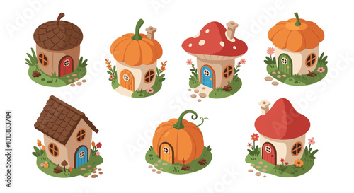 Whimsical autumn cottages in charming fairy tale style with pumpkin and acorn designs