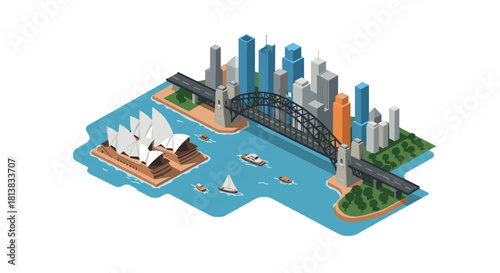 Isometric sydney skyline with opera house and harbor bridge