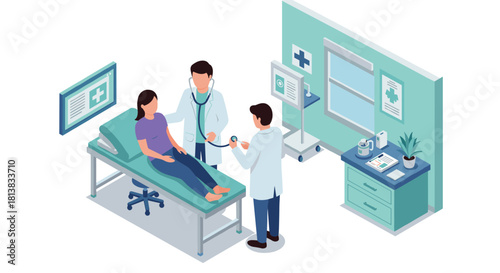 Isometric hospital room scene with doctors consulting a patient