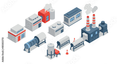 Industrial isometric icons set featuring factories, refineries, and warehouses in modern design