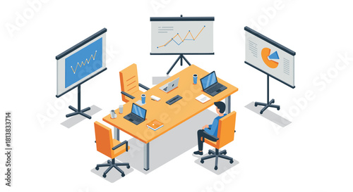 Isometric office workspace with graphs and laptops for business analysis