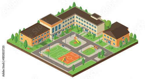 Isometric school campus with playground and basketball court