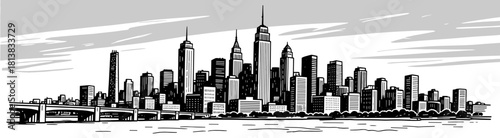 Cityscape skyline sketch in black and white on gray background
