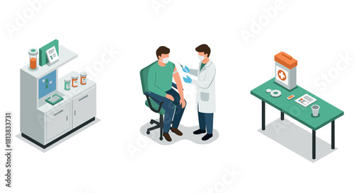 Healthcare worker administers vaccine in medical office isometric