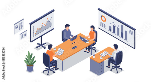 Isometric office meeting scene with team analyzing graphs and data reports