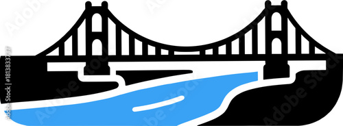 Bridge illustration over blue river on white background