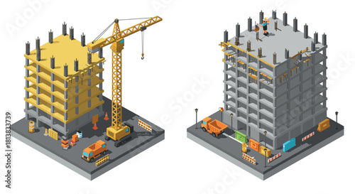 Isometric construction site with high-rise building and crane in progress
