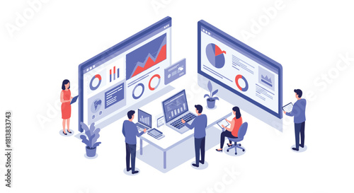 Isometric analytics team analyzing data on digital screens in modern office setting