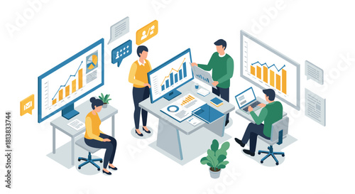 Dynamic team collaboration in modern office with data analysis and growth charts