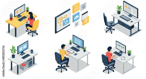 Modern isometric office workspace with diverse professionals and digital technology