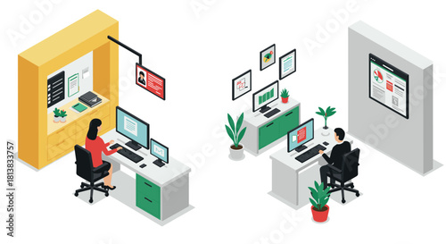Modern office workspace with isometric design featuring employees at desks