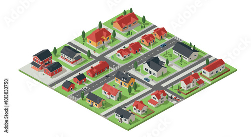 Charming suburban isometric neighborhood with red roof houses and lush greenery