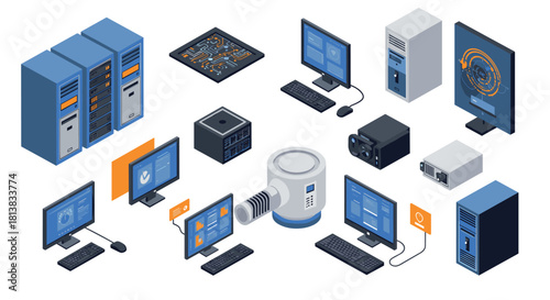 Isometric data center equipment with computers and network servers in modern office
