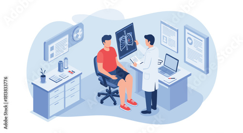 Doctor consults patient in modern medical office with x-ray displayed on screen in isometric design