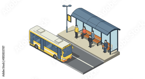 Isometric urban bus stop scene with passengers waiting and arriving bus